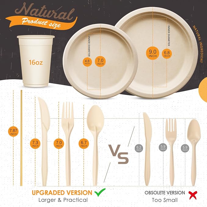 Gezond 350pcs Compostable Paper Plates Set Eco-friendly Heavy-duty Disposable Paper Plates Cutlery Includes Eco-friendly Plate, Forks, Knives, Spoons, Cups and Straws for Wedding Party, 50 Guests