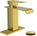 FORIOUS Gold Bathroom Faucet, Modern Waterfall Bathroom Sink Faucets 1 or 3 Hole Single Handle with Deck Plate and Drain, Suitable for Vanity Rv Camper Commerical