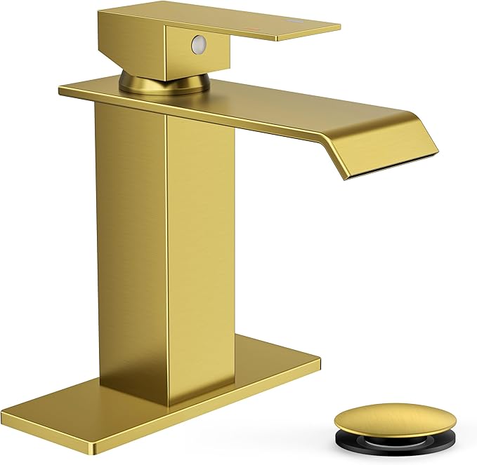 FORIOUS Gold Bathroom Faucet, Modern Waterfall Bathroom Sink Faucets 1 or 3 Hole Single Handle with Deck Plate and Drain, Suitable for Vanity Rv Camper Commerical