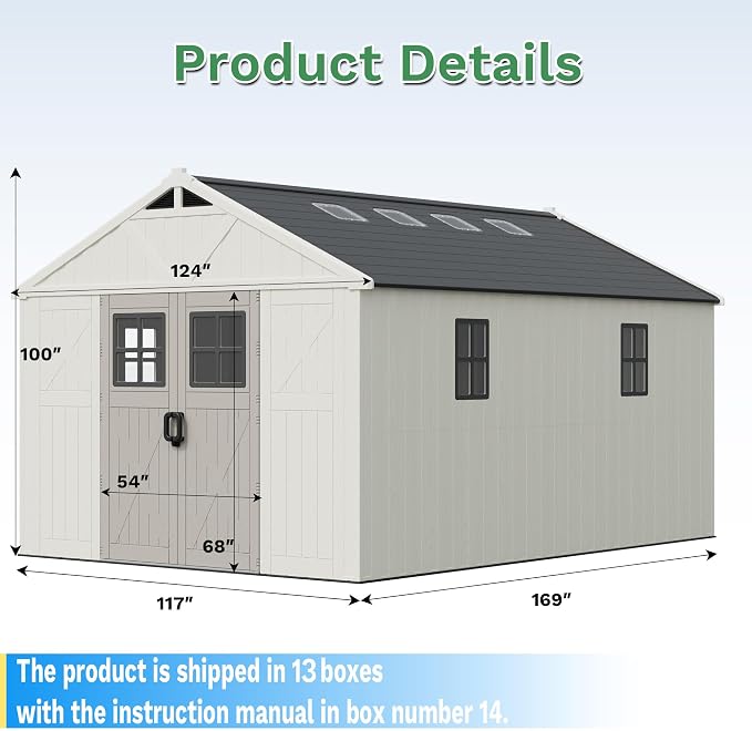 Greesum 10X14FT Plastic Outdoor Storage Shed with Floor and Lockable Door, Resin Sheds with 6-Windows and Multiple Skylights, HDPE Kick-it Shed for Garden, Patio, Backyard, Beige
