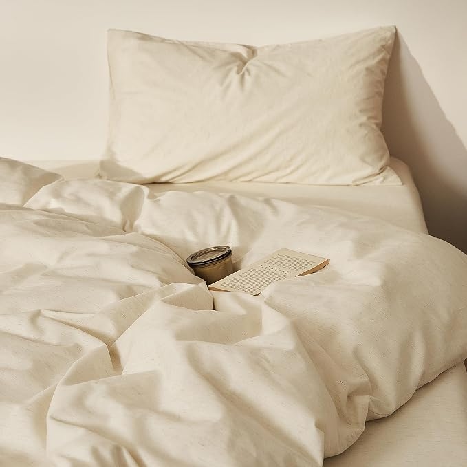 mixinni 3 Piece Washed Cotton Linen Blend Duvet Cover Set Queen Size, Soft Breathable Farmhouse Beige Neutral Solid Duvet Cover with Natural Linen Texture, 90x90 inches with 2 Pillowcases