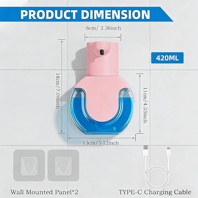2Pack Automatic Soap Dispenser Touchless, Rechargeable Liquid Soap Dispenser,15oz/420ml Smart Hand Soap Dispensers,4-Level Adjustable,Wall Mount for Bathroom Kitchen Dish Soap,Hands-Free(Pink)