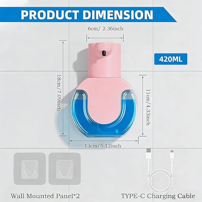 Automatic Soap Dispenser Touchless,Rechargeable Foaming Soap Dispenser,15oz/420ml Smart Hand Soap Dispensers,4-Level Adjustable,Wall Mount for Bathroom Kitchen Dish Soap,Hands-Free (Pink)