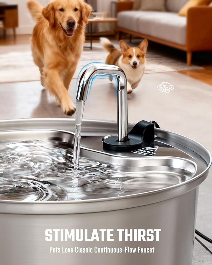 Dog Water Fountain Stainless Steel, 7L/1.8Gal Pet Fountain Water Bowl with Multi-Filtration & Deeper Drinking Aera, Large Cat Water Fountain with Water Window & LED (2 Filters 1 Fountain)