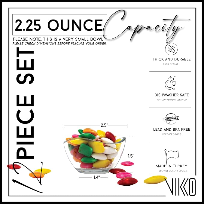 Vikko Mini Glass Bowls, Set of 12 Soy Sauce Dishes, Small 2.25 Ounce Dipping Sauce Cups, Dipping Bowls, Multi Purpose Small Glass Bowls for Dessert, Candy, Kitchen Prep, Dishwasher Safe