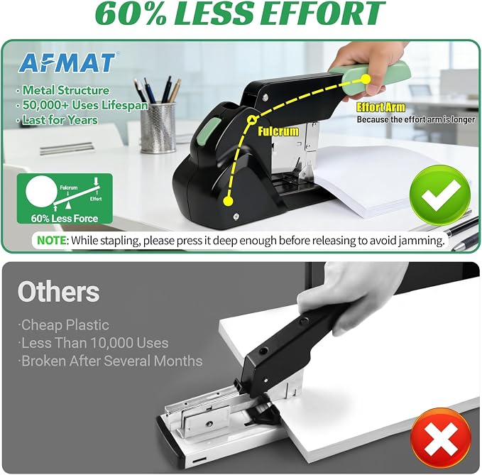 AFMAT Heavy Duty Stapler, 210 Sheet Effortless Stapler for Desk, 60% Reduced Effort, Jam Free, 50,000+ Uses, Adjustable Paper Depth, Metal Desktop Staplers for Office, Includes 7000Pcs Staples, ES15
