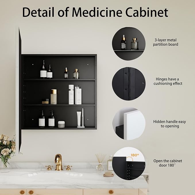 Brushed Sliver Metal Medicine Cabinet Right-Angled Rectangle-Design,Bathroom Mirror with Storage, Recessed or Surface Mounted, 2 Adjustable Metal Shelves (Brushed Sliver, 16x24)