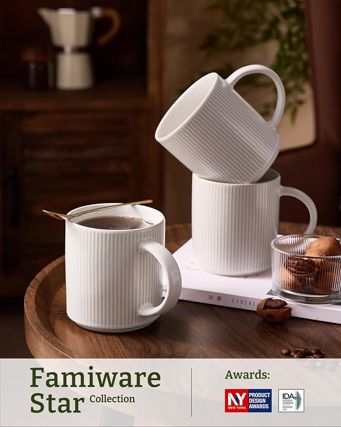 famiware Coffee Mug Set for 4, Star 16 oz Catering Mugs Cup Set with Handle for Coffee, Tea, Cocoa, Milk - Ceramic Stoneware Drinkware Set, Matte White