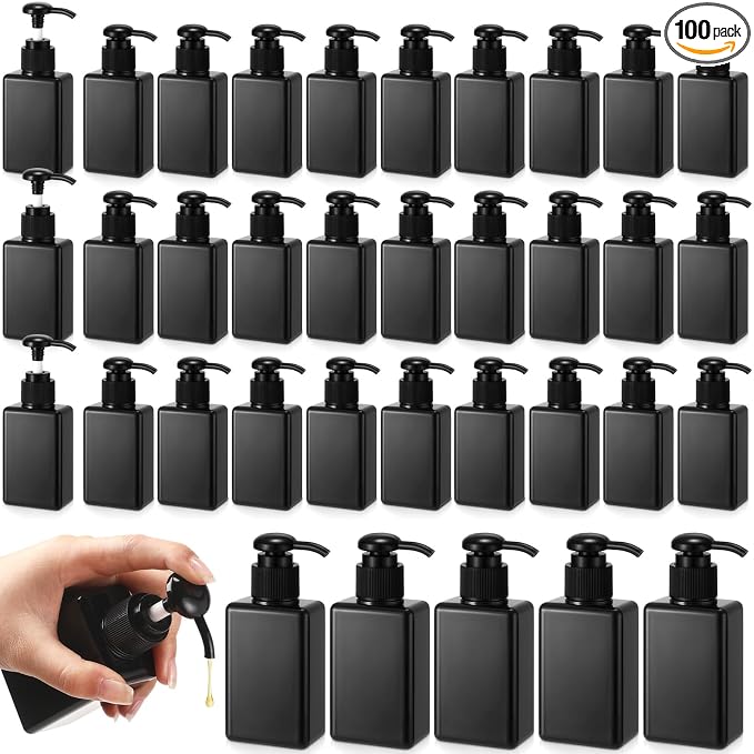 Domensi 100 Pcs 100ml /3.4 oz Pump Bottle Mini Travel Bottles Small Dispenser Containers Plastic Pump Lotion Dispenser Empty Square Travel Size Containers Toiletries (Whole Black)