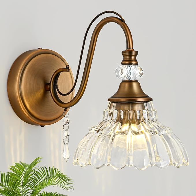 1 Piece Vintage Wall Sconce, 1-Light Matte Antique Brass Finish Wall Sconce with Hanging Crystal Accents and Flower-Shaped Clear Shades for Bathroom Bedroom Living Room,Vintage Vanity Light
