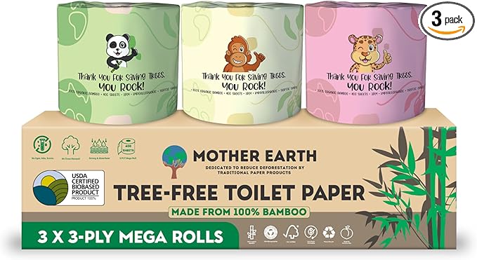 MOTHER EARTH Bamboo Toilet Paper - Ultra Soft & Strong 3-Ply Bath Tissue, 400 Sheets Per Roll, Hypoallergenic & Septic Safe, Mega Rolls, Pack of 3 Rolls
