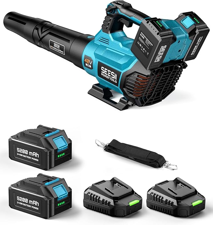 SEESII 650CFM Leaf Blower with 2 x 5.2Ah Batteries, 40V Brushless Motor | 3 Speeds & Turbo Mode, Battery Powered Cordless Blower with Shoulder Strap for Lawn Care, Light Snow & Grass Debris Cleaning