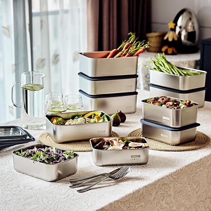 Stainless Steel Food Containers with Glass Lids, 4-Piece Airtight Food Storage Set, Rectangular, Stackable, Microwave and Dishwasher Safe, 44, 54, 78 and 88 oz, Silver Gray