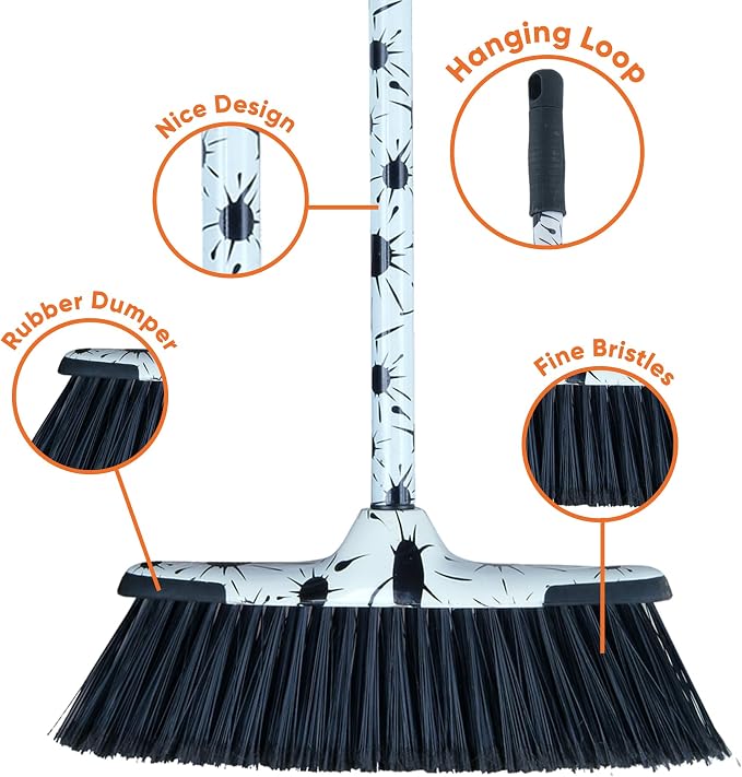 Superio Design Broom, Fancy Black and White Angle Broom, Cute Splash Design Kitchen Broom with Safety Bumper, 48" Indoor and Outdoor Sweeping Tool 2-Pack