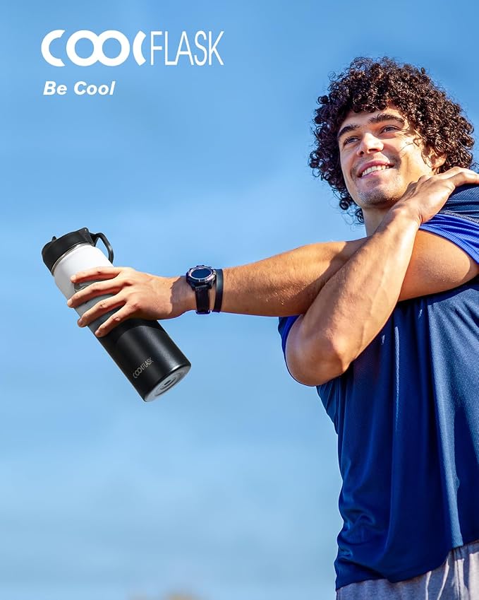 Coolflask Water Bottle 24 oz Insulated with Straw, Stainless Steel Metal 3 Lids Water Flask Wide Mouth for Sports or Office, Non-BPA Keep Cold Up to 48 Hrs or Hot Up to 24 Hrs, White & Black