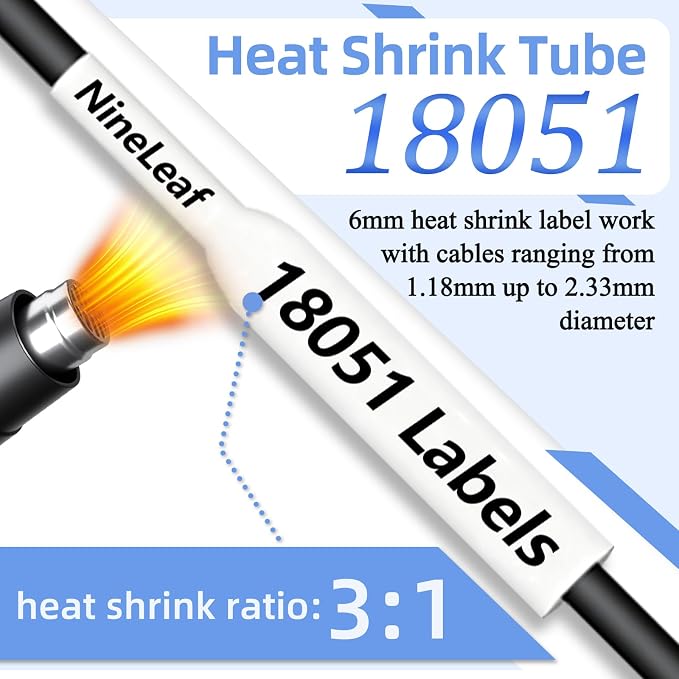 4PK 6mm White Heat Shrink Tube Replace for Dymo Label Maker Refills 18051 | NineLeaf Compatible for Dymo Heat Shrink Label 18051 1/4" Black on White for Wires/Cables for Rhino 4200 5200 5000 6000 3M