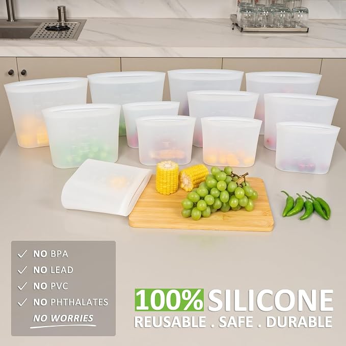 Reusable Storage Bag, 12 Pack 100% Silicone Food Storage Bags Stand Up Silicone Zip Lock Bags for Food Container, Freezer Microwave Oven Dishwasher Safe, 4 Medium 4 Small 4 Extra Small, Translucent