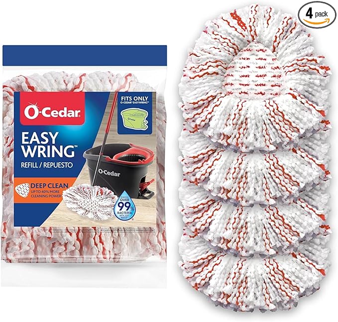 O-Cedar EasyWring Deep Clean Refill (4-Pack) | 40% More Cleaning Power | Microfiber Mop Refill Compatible with O-Cedar EasyWring Spin Mop & Bucket System