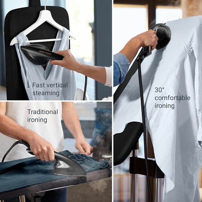 Rowenta IXEO Steamer for Clothes with Ironing Board 65 Inches 45 Second Heatup, 1 Liter Capacity 1500 Watts Ironing, Portable, Fabric Steamer, Garment Steamer, Adjustable QR1410,Black