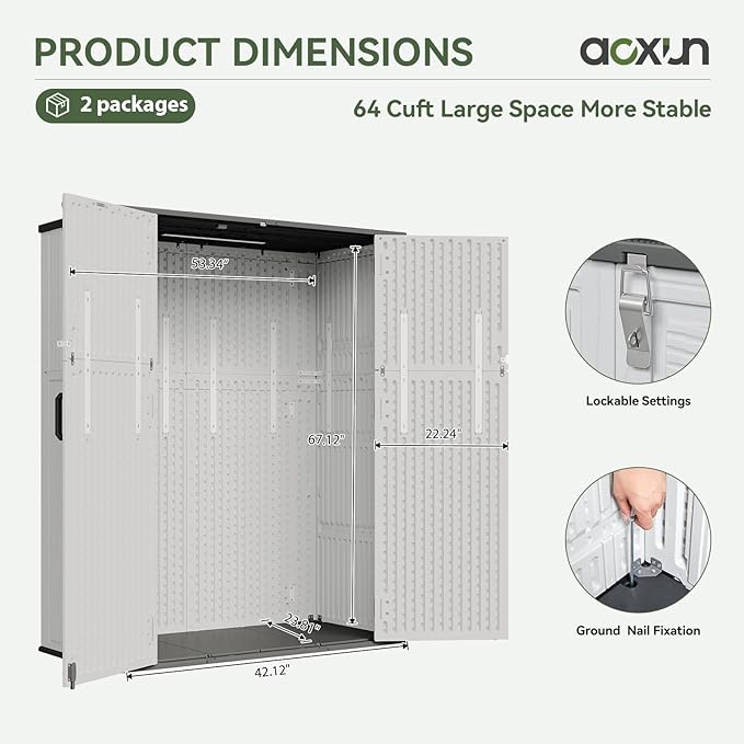 Aoxun Outdoor Storage Shed with Floor, 61 Cu.Ft Large Outdoor Storage Cabinet, Waterproof Vertical Resin Shed for Garden Tools, Pool Equipment, Grey White