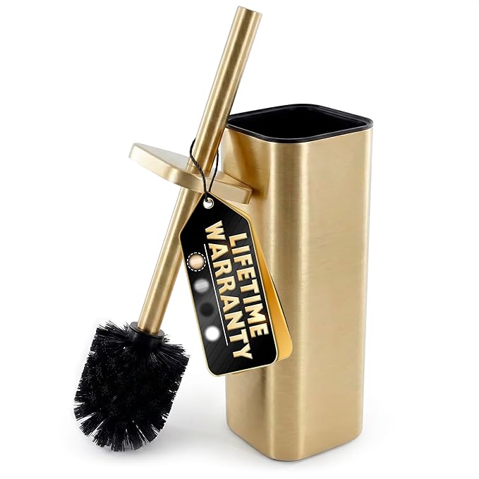 Gold Toilet Brush with Square Holder - Toilet Brush and Holder Set Gold, Stainless Steel Handle with Splash Shield, Replaceable Head and Removable Inner Cup - Freestanding Bathroom Toilet Cleaning Set