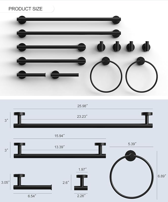 12 Pcs Matte Black Bathroom Accessories Set, HOMEMYSTIQUE SUS304 Stainless Steel Bathroom Hardware Set, Bath Towel Bar Set, Toilet Paper Holders, Towel Rings Racks, Robe Towel Hooks