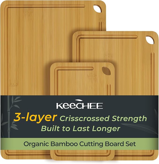 Keechee Bamboo Cutting Board, Cutting Board for Kitchen with Handles | Deep juice grooves, built-in handles, versatile 3 piece set for everyday cooking and chopping