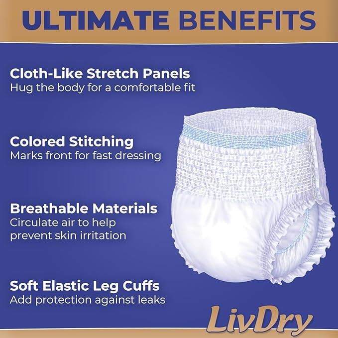 LivDry Ultimate 3XL Adult Incontinence Underwear, Max Absorbent Diapers for Women and Men, XXXL 72” -92" Waist, Leak Proof Cuff, XXX-Large, 9 Count