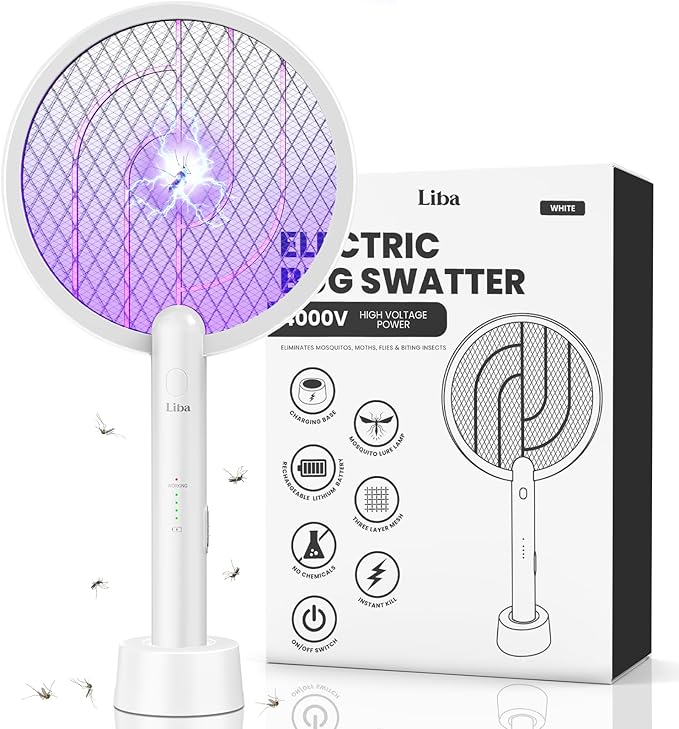 LiBa Electric Fly Swatter, 4000V 2-in-1 Mosquito Killer Lamp, USB Rechargeable with 5-Layer Safety Net, Cordless Insect Killer Trap Home Office Camping Patio
