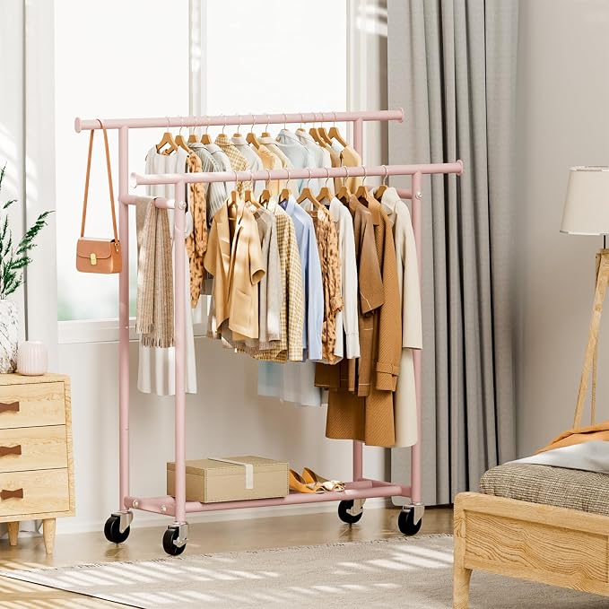 HYSEYY Clothes Rack, Double Rods Rolling Clothing Rack for Hanging Clothes, Portable Garment Rack with Wheels, Coat Rack Wardrobe Closet Load 240 LBS for Bedroom Laundry Room (Pink, L)
