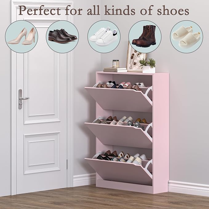 BORNOON Shoe Cabinet with 3 Flip Drawers, Hidden Wood Shoe Cabinet,Freestanding Shoe Storage Cabinet for Entryway Hallway.White. 47.2" H*31.5" W*9.45" D (Pink)