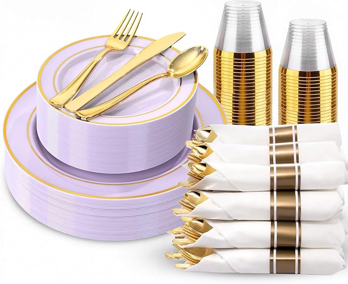 WDF Partyware 175PCS Purple Plates Disposable - Lavender Plastic Plates 25Guests Plastic Dinnerware with Rolled Napkins for Birthday/Spring/Baby Shower/Birthday