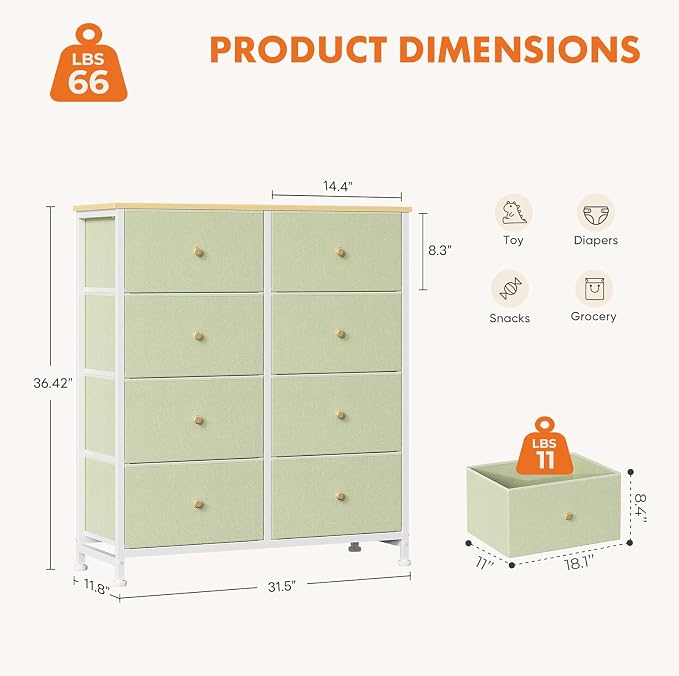 Sweetcrispy 8 Drawer Dresser for Bedroom Tall, Organizer Storage Drawers | Fabric Storage Tower, Chest of Drawers with Steel Frame, Wood Top for Living Room, Closet, Light Green