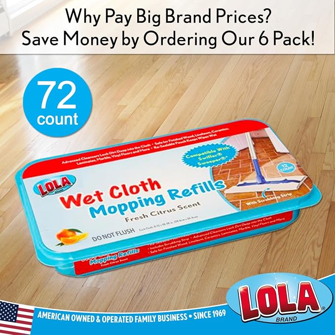 LOLA Wet Mopping Pad Refills, 72 Pack, Swiffer Sweeper Compatible w/ Scrubbing Strip, Fresh Citrus Scent