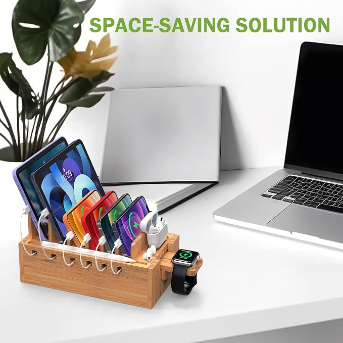 Pezin & Hulin Bamboo Charging Station for Multiple Devices with 5 Port USB Charger, 5 Cables and Watch Stand. Wood Desktop Docking Stations Organizer for Cell Phone, Tablet, Watch, Office Accessories | All-in-One, 5-Port USB HUB Included, 8-Device Orga...