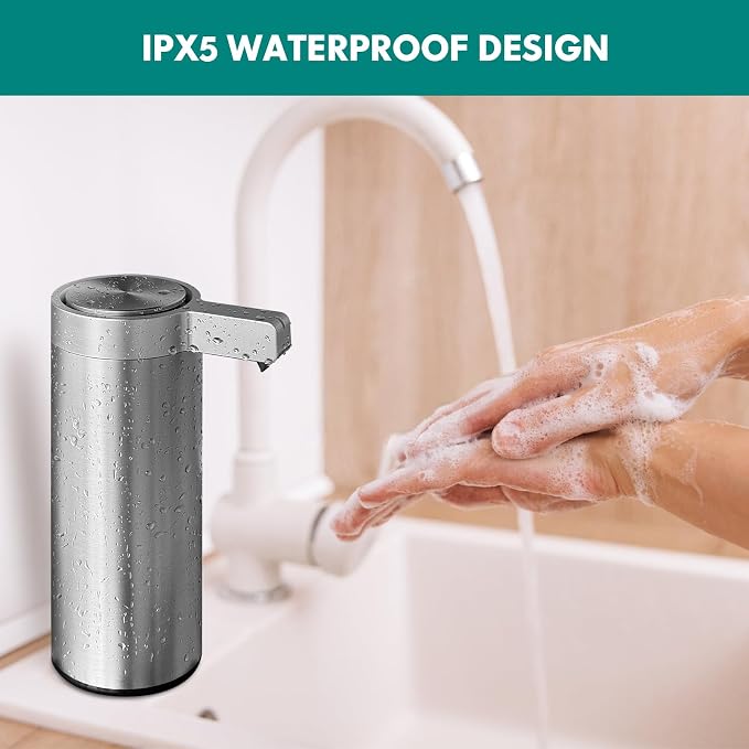 Automatic Soap Dispenser Stainless Steel with Sensor Infrared Soap Dispenser Electric IPX5 Waterproof USB-C Charging Motion Sensor for Kitchen & Bathroom (Silver - Wall Mount)