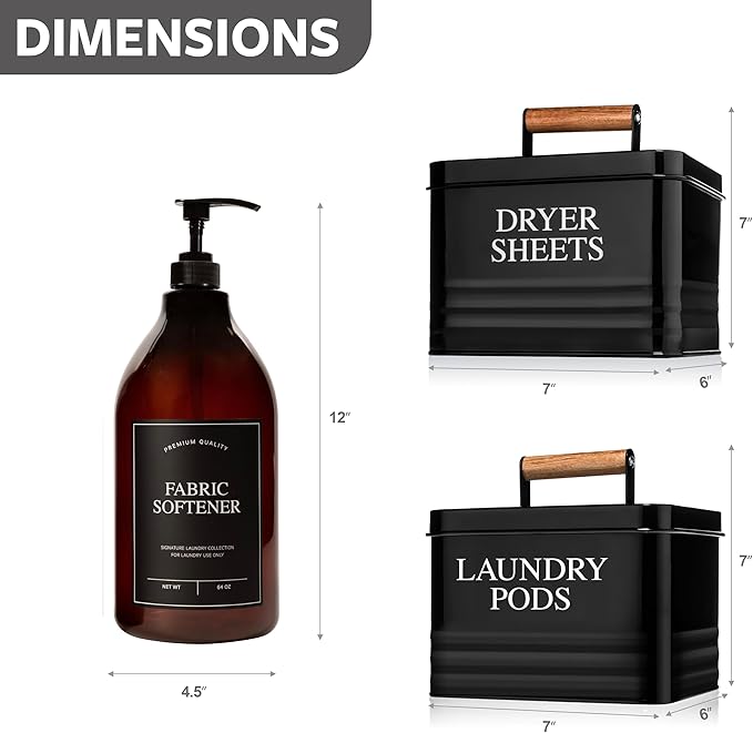 Calindiana Modern Farmhouse Liquid Laundry Detergent, Bleach and Fabric Softener Dispenser, Dryer Sheets Holder and Laundry Pods Holder Bundle for Laundry Room Organization and Storage, Laundry Decor