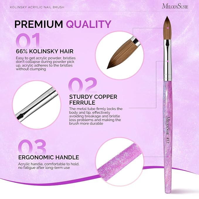 MelodySusie Kolinsky Acrylic Nail Brush,66% Kolinsky Hair Professional Nail Art Brush for Acrylic Application, Aurora Collection Fine Glitter Brush, Purple, Size 12