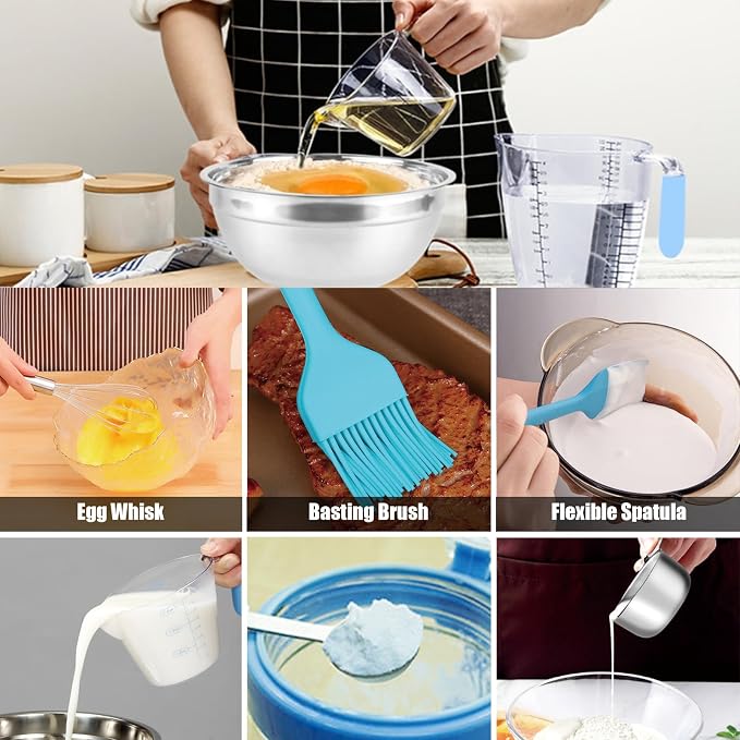 MIKULA Mixing Bowls Set, 22PCS Large Stainless Steel Mixing Bowl with Lids Set, Large Nesting Bowls 7/6/4.5/3.5/2.5QT, Measuring Cups and Spoons Baking Storage Metal Bowl for Kitchen Prep Supplies