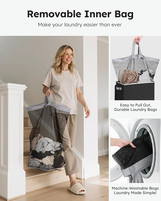 SOLEDI Laundry Hamper with Lid 90L Large & Tall Collapsible Laundry Basket, Clothes Hamper with Bag Removable Easy to Carry, Dirty Hampers for Bedroom, Bathroom, Dorm, College, Dark Grey