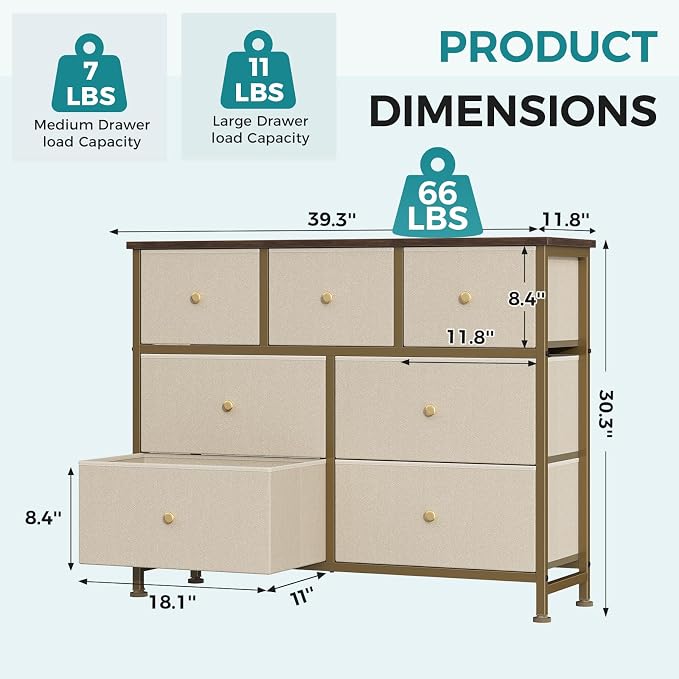 OLIXIS 7 Drawer Dresser for Bedroom, Tall Fabric Storage Tower with Sturdy Steel Frame and Wooden Top, Large Dresser for Living Room Entryway with Easy Pull Fabric Bins,Khaki