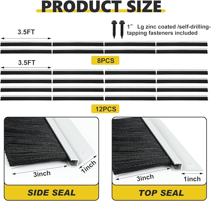 DoubleFill 2 Pack 14 x 14 ft Garage Door Brush Seal Kit, 3 Inch Roll up Door Seal with Aluminum Track, Heavy Duty Nylon Brush for Commercial Doors, Warehouse Barn, Energy Saving, Pest Proof, Black
