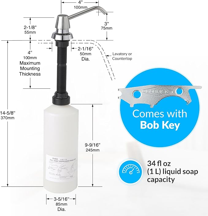 Bobrick B-822 Manual Top Fill Liquid Soap Dispenser 34 fl oz. (1L) Liquid Soap Capacity, 4- Inch Free-Turning Spout for Public Restroom Countertops, Chrome Finish