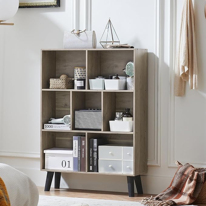 LEYAOYAO Cube Bookshelf, Mid-Century Modern Book Shelf with Legs,Retro Grey | 3 Tier Bookcase, Rustic Wood Bookshelves Freestanding Small Storage Organizer, Open Shelves for Bedroom, Living Room, Office
