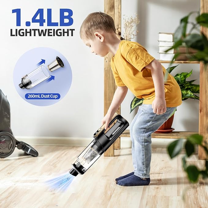 MONOZEL Mini Vacuum Cleaner for Car, 18000Pa 2 in 1 Vacuum Cleaner&Air Duster, 130W Brushless Motor Handheld Vacuum Cordless with 7800mAh Battery, LED Light, Multi-Nozzles for Home, Office, Pet