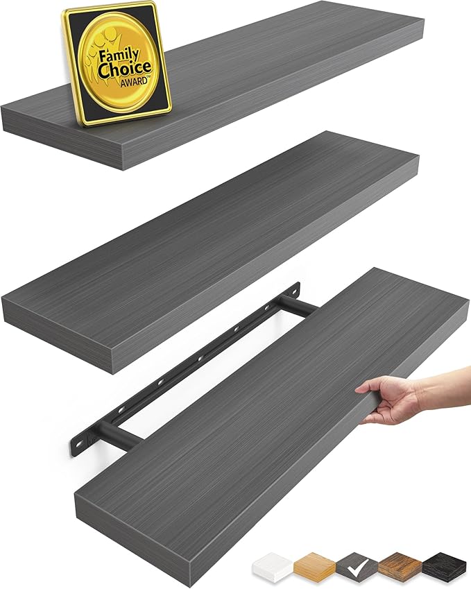 BAYKA Grey Floating Shelves for Wall, Set of 3, 22.5 inch Wall Mounted Shelf for Bedroom, Living Room, Kitchen – Wood with Hidden Metal Brackets, 22LBS Capacity – Storage for Books, Plants, Decor