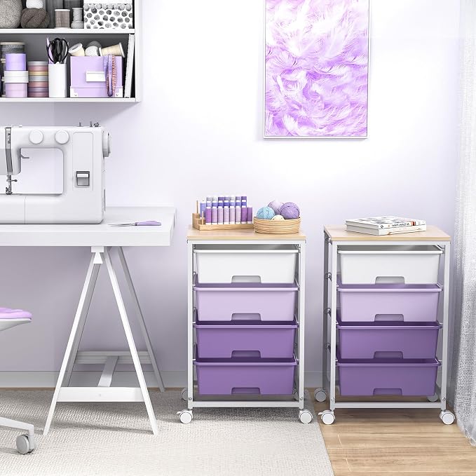Utility Cart with 4 Drawers,Rolling Storage Cart with Drawers,Storage Rolling Drawer Cart with Wooden Tabletop for Bedroom,Kid's Room,Dorm,Classroom,Office, Purple
