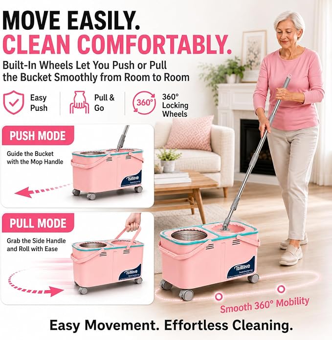 RinseWise Easy-Use Gen 2 Spin Mop and Bucket for Pet & Family Homes, Shower-Style Rinse, Clean & Dirty Water Separation, 1.5 Gal Clean Water Capacity, 4 Swivel Wheels, 61" Handle, 6 Mop Heads - Pink