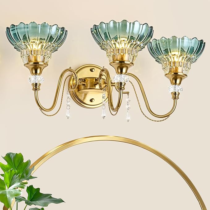 Vintage Bathroom Vanity Light, 3-Light Brushed Gold Finish Wall Sconce with Hanging Crystal Accents and Flower-Shaped Teal Glass Shades, Retro Wall Mount Vanity Light Over Mirror for Bathroom