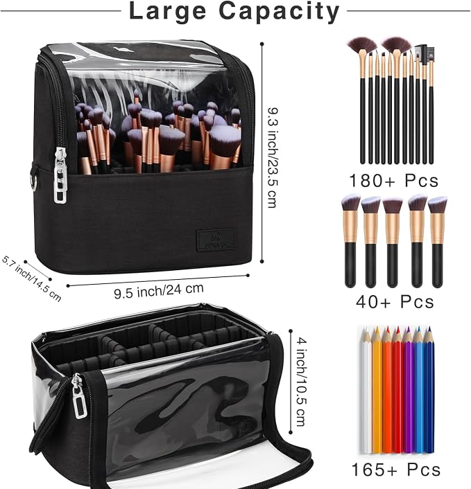 Makeup Brush Bag, Makeup Brush Holder Travel Stand-up Makeup Cup Large Makeup Brush Organizer Case Professional Cosmetic Bag Artist Storage Bag with Adjustable Divider (Large, Black)